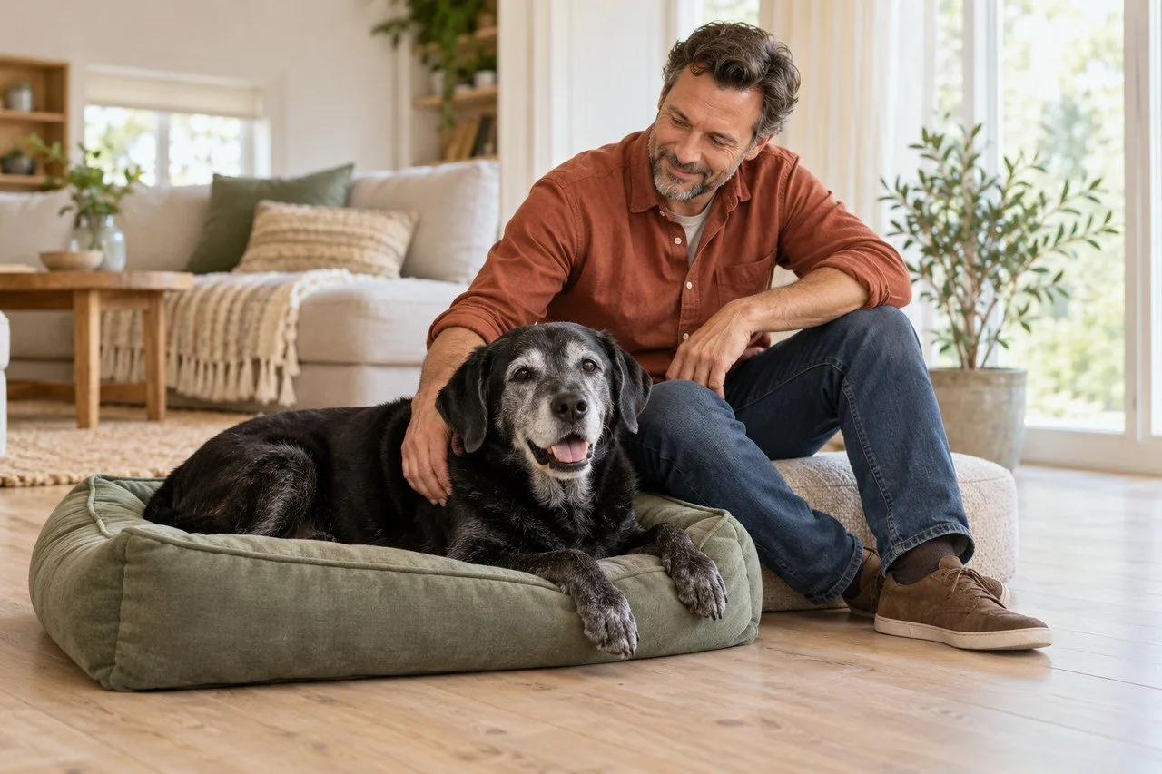 Gray-muzzled black dog resting on a green bed beside its owner
